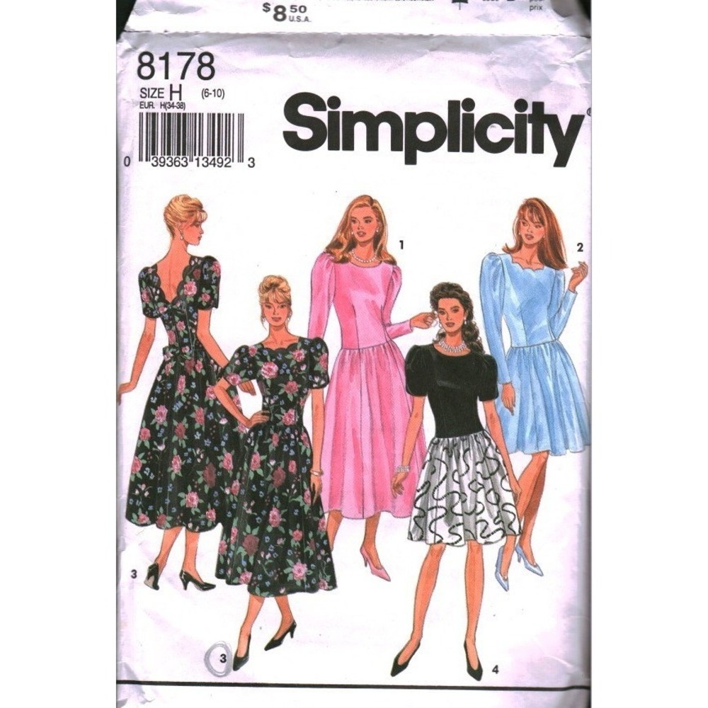 Simplicity 8178 Vintage 1992 Dress Sewing Pattern Size 6-10‎ V-Back Full Skirt